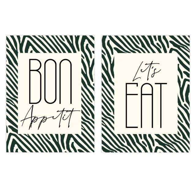 Wee Blue Coo Pack of 2 Bon Appetit Let's Eat Typography with Zebra Stripes Pattern Kitchen Sign Unframed Wall Art Living Room Prints Set in Off-White - image 1
