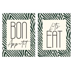 Wee Blue Coo Pack of 2 Bon Appetit Let's Eat Typography with Zebra Stripes Pattern Kitchen Sign Unframed Wall Art Living Room Prints Set in Off-White - thumbnail 1
