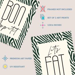 Wee Blue Coo Pack of 2 Bon Appetit Let's Eat Typography with Zebra Stripes Pattern Kitchen Sign Unframed Wall Art Living Room Prints Set in Off-White - thumbnail 4