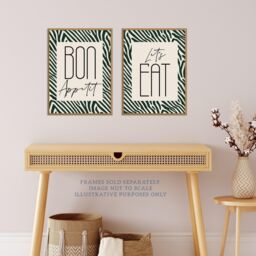 Wee Blue Coo Pack of 2 Bon Appetit Let's Eat Typography with Zebra Stripes Pattern Kitchen Sign Unframed Wall Art Living Room Prints Set in Off-White - thumbnail 2