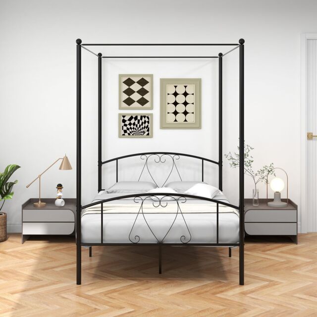 Costway Double Size Metal Canopy Bed Frame 4-Poster Modern Platform Wooden Slat Support in Black - image 1