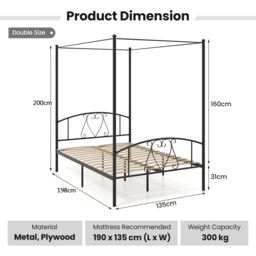 Costway Double Size Metal Canopy Bed Frame 4-Poster Modern Platform Wooden Slat Support in Black - thumbnail 2