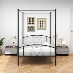 Costway Double Size Metal Canopy Bed Frame 4-Poster Modern Platform Wooden Slat Support in Black - thumbnail 1