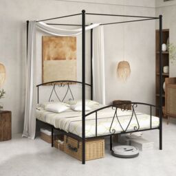 Costway Double Size Metal Canopy Bed Frame 4-Poster Modern Platform Wooden Slat Support in Black - thumbnail 4
