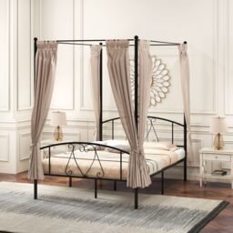 Costway Double Size Metal Canopy Bed Frame 4-Poster Modern Platform Wooden Slat Support in Black - thumbnail 6