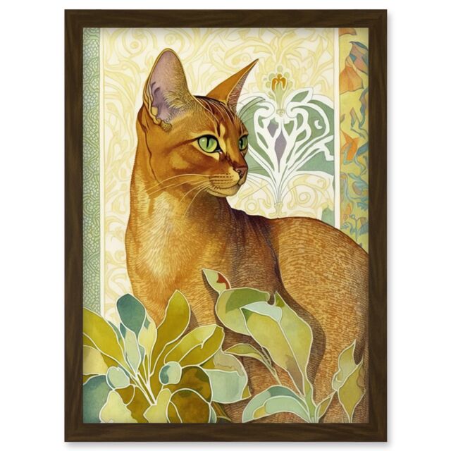 Artery8 Abyssinian Cat with Plants Art Nouveau Bright Modern Watercolour Illustration Artwork Framed Wall Art Print A4 in Brown - image 1