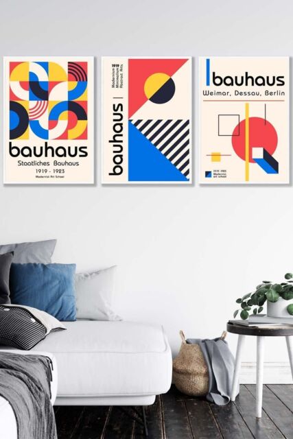 ARTZE Set of 3 White Framed Mid Century Bauhaus Exhibition Red Blue Yellow Wall Art - Size: W33 cm x H45 cm x D20mm - image 1