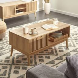Wyld and Coco Coffee Table Light Brown Wood Top Pine Legs Drawer and Open Shelf