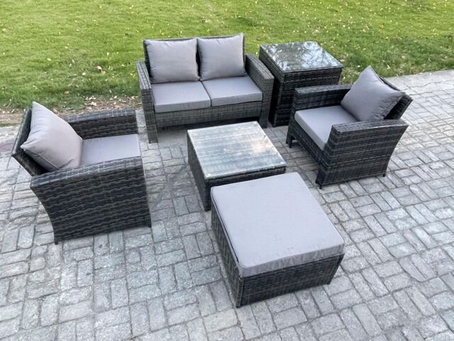 Fimous 6 PCS Outdoor Lounge Sofa Set Wicker PE Rattan Garden Furniture Set with Armchair Squar Coffee Table in Dark Grey