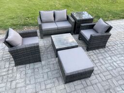 Fimous 6 PCS Outdoor Lounge Sofa Set Wicker PE Rattan Garden Furniture Set with Armchair Squar Coffee Table in Dark Grey - thumbnail 1