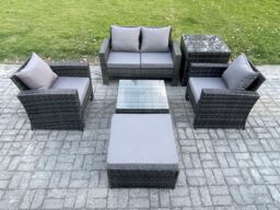 Fimous 6 PCS Outdoor Lounge Sofa Set Wicker PE Rattan Garden Furniture Set with Armchair Squar Coffee Table in Dark Grey - thumbnail 2