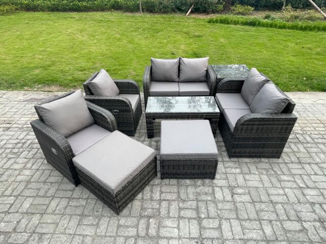 Fimous 8 PCS Garden Furniture set Rattan Outdoor Lounge Sofa Table Chair With Tempered Glass Table Dark Grey Mixed - image 1