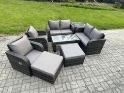 Fimous 8 PCS Garden Furniture set Rattan Outdoor Lounge Sofa Table Chair With Tempered Glass Table Dark Grey Mixed - thumbnail 2