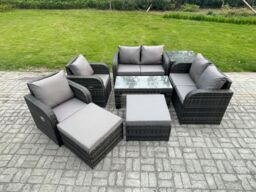 Fimous 8 PCS Garden Furniture set Rattan Outdoor Lounge Sofa Table Chair With Tempered Glass Table Dark Grey Mixed - thumbnail 1