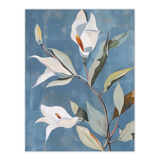 "Artery8 Elegant Peace Lily Flower Blooming Soft Floral Wall Art Print in Blue - Size: W18"" x H24""" - image 1