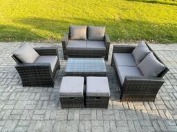 Fimous Rattan Garden Furniture Set 7 Seater Patio Outdoor Lounge Sofa Chair Set with Rectangular Coffee Table 2 Small Footstools in Dark Grey - thumbnail 1