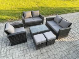 Fimous Rattan Garden Furniture Set 7 Seater Patio Outdoor Lounge Sofa Chair Set with Rectangular Coffee Table 2 Small Footstools in Dark Grey - thumbnail 2