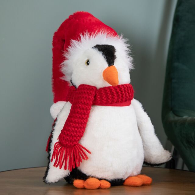 Samuel Alexander 30cm Soft Cuddly Puppa Penguin Christmas Decoration with Santa Hat in White - image 1