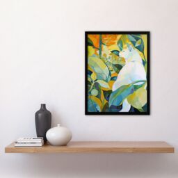 Artery8 Zen Pet White Cat Lover Garden Leaves Painting Framed Art Print in Green - Size: A4 - thumbnail 4