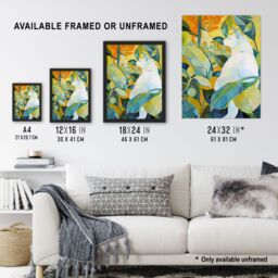 Artery8 Zen Pet White Cat Lover Garden Leaves Painting Framed Art Print in Green - Size: A4 - thumbnail 3