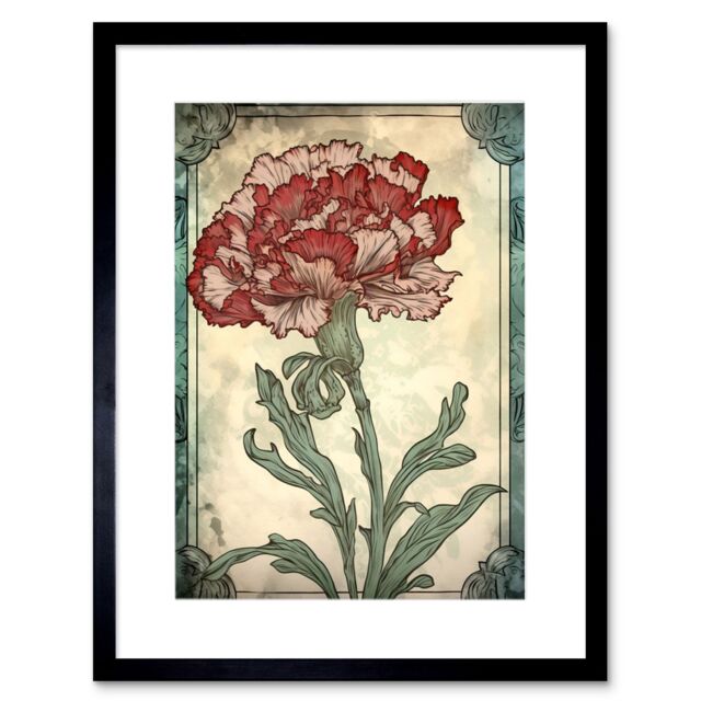 "Artery8 Wall Art Print Red Carnation Flower Bloom Watercolour Art Nouveau Artwork Framed 9X7 Inch in Black - Size: W7"" x H9""" - image 1