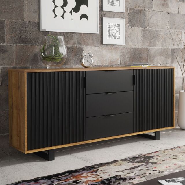 Creative Furniture Blackridge Sideboard 140cm - Dark Oak Body with Matte Black Fluted Fronts in Brown - image 1