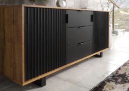Creative Furniture Blackridge Sideboard 140cm - Dark Oak Body with Matte Black Fluted Fronts in Brown - thumbnail 3
