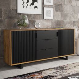 Creative Furniture Blackridge Sideboard 140cm - Dark Oak Body with Matte Black Fluted Fronts in Brown - thumbnail 1