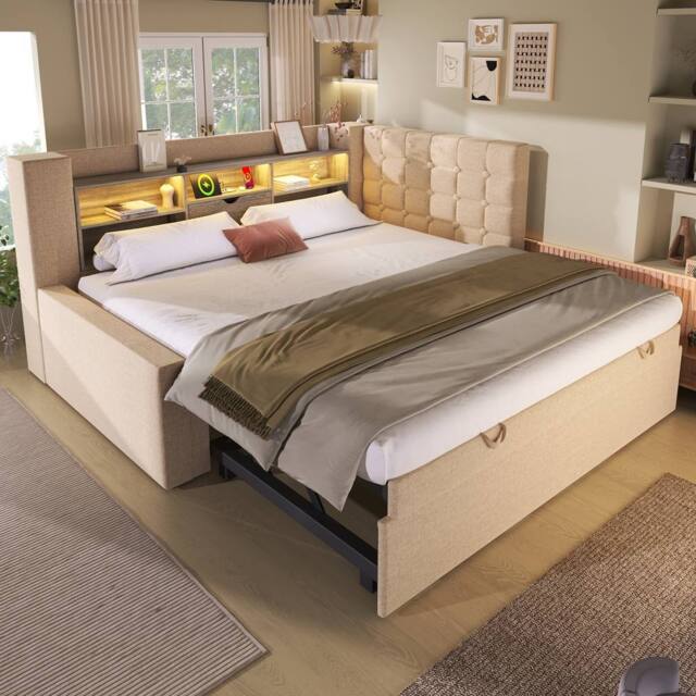 Merax Upholstered Single Daybed with Trundle Storage Headboard & Charging in Beige - image 1