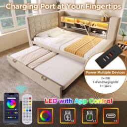 Merax Upholstered Single Daybed with Trundle Storage Headboard & Charging in Beige - thumbnail 3