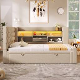 Merax Upholstered Single Daybed with Trundle Storage Headboard & Charging in Beige - thumbnail 9