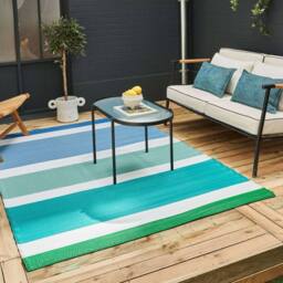THE RUGS Reversible Weatherproof Outdoor Garden Patio Rug Striped Rainbow 1030 in Blue - Size: 150 cm x 220 cm - thumbnail 1