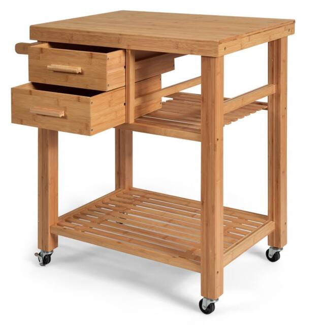 Costway Rolling Bamboo Kitchen Island Cart Trolley Cart w/ Drawers & Shelves in Natural - image 1
