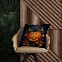 Warren Reed - Designer Spooy Pumpkin With Leaves & Small Candles Outdoor Cushion in Orange - Size: 60 cm x 60 cm - thumbnail 2