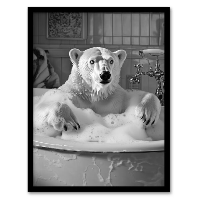 Artery8 Polar Bear Bathtub Bubble Bath Black White Funny Framed Art Print in Grey - Size: A4 - image 1