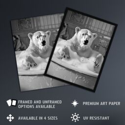 Artery8 Polar Bear Bathtub Bubble Bath Black White Funny Framed Art Print in Grey - Size: A4 - thumbnail 2