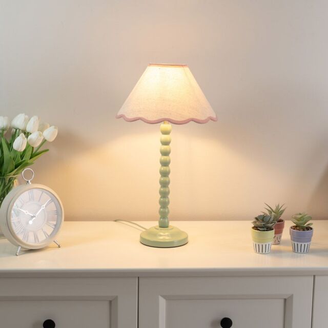 ValueLights Bobbins Sage Green Table Lamp with Tapered Natural Linen Scallop Shade with Bulb in Pale Pink - image 1