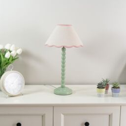 ValueLights Bobbins Sage Green Table Lamp with Tapered Natural Linen Scallop Shade with Bulb in Pale Pink - thumbnail 5