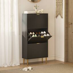 HOMCOM Slim Shoe Storage Cabinet with Flip Drawers for Hallway in Black - thumbnail 1
