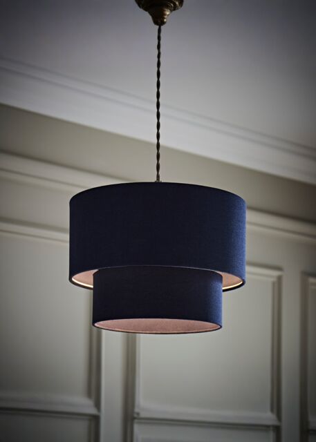 ValueLights Jodie Linen Two Tier Easy Fit Drum Ceiling Pendant Light Lamp Shade in Navy - image 1