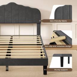 VOGREX Grey Modern Linen Upholstered Small Double Platform Bed Frame - thumbnail 3