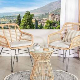 Wyld and Coco Bistro Set Faux PE Rattan 2 Seater Grey Cushions and Glass Table in Natural - thumbnail 1