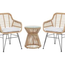 Wyld and Coco Bistro Set Faux PE Rattan 2 Seater Grey Cushions and Glass Table in Natural - thumbnail 2