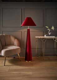 ValueLights Martha Velvet Midi Floor Lamp with Conical Velvet Lamp Shade & Bulb in Burgundy