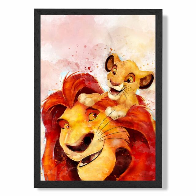 ARTZE Mufasa & Simba Watercolour Lion King Framed Print SIZE: A2 with Black Frame in Red - Size: A4 - image 1