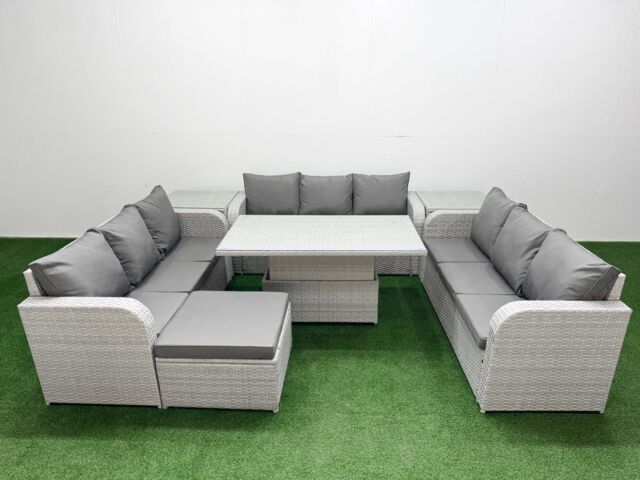 Fimous PE Rattan Lounge Sofa Set 10 Seater Outdoor Garden Furniture Set w/ Adjustable Lifting Dining or Coffee Table 3 Seater Sofa Big Footstool 2 - image 1