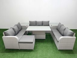 Fimous PE Rattan Lounge Sofa Set 10 Seater Outdoor Garden Furniture Set w/ Adjustable Lifting Dining or Coffee Table 3 Seater Sofa Big Footstool 2 - thumbnail 1