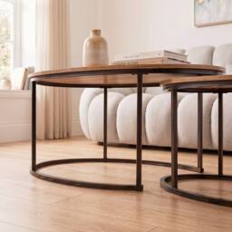 CALICOSY Set Of 2 Oval Nesting Coffee Tables In Oak Effect, 90 Cm Long - LENNY in Light Brown - Size: 2 Person - thumbnail 6