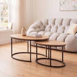 CALICOSY Set Of 2 Oval Nesting Coffee Tables In Oak Effect, 90 Cm Long - LENNY in Light Brown - Size: 2 Person - thumbnail 2