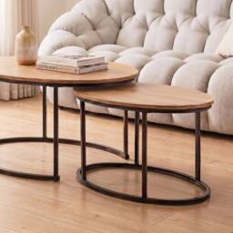 CALICOSY Set Of 2 Oval Nesting Coffee Tables In Oak Effect, 90 Cm Long - LENNY in Light Brown - Size: 2 Person - thumbnail 4